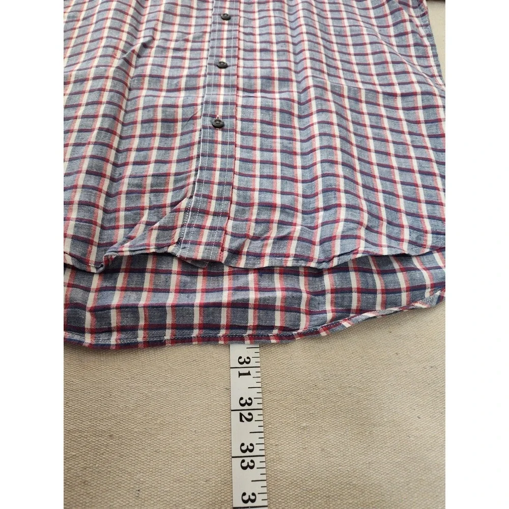 Banana Republic Camden‎ Fit Mens S 100% Linen Short Sleeve Plaid Shirt Red Blue